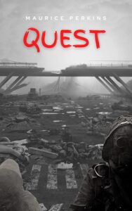 Apocalyptic image of destroyed area and a bridge and man in gas mask