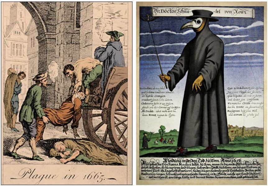 two panels, one of a medieval wooden cart hauling the dead plague victims. The other panel is a plague doctor in his distinctive costume of waxed hat, long garment, staff, and beak mask with glass eye holes